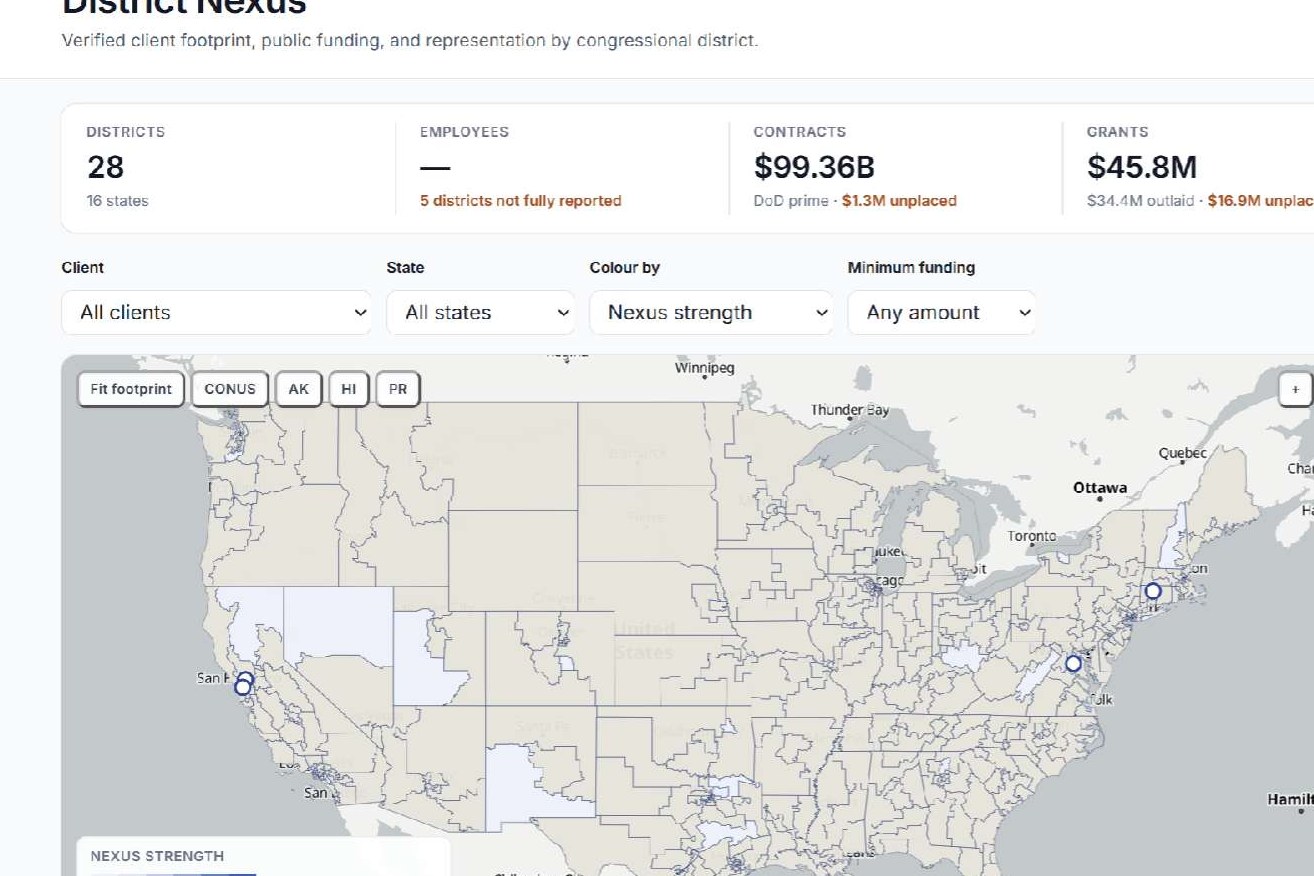 Client facilities, funding and representation mapped by congressional district