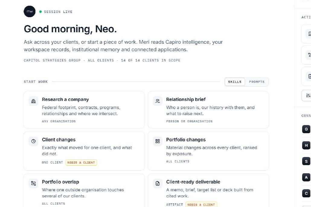 Meri's start-work surface: skills and prompts on one page, above the composer