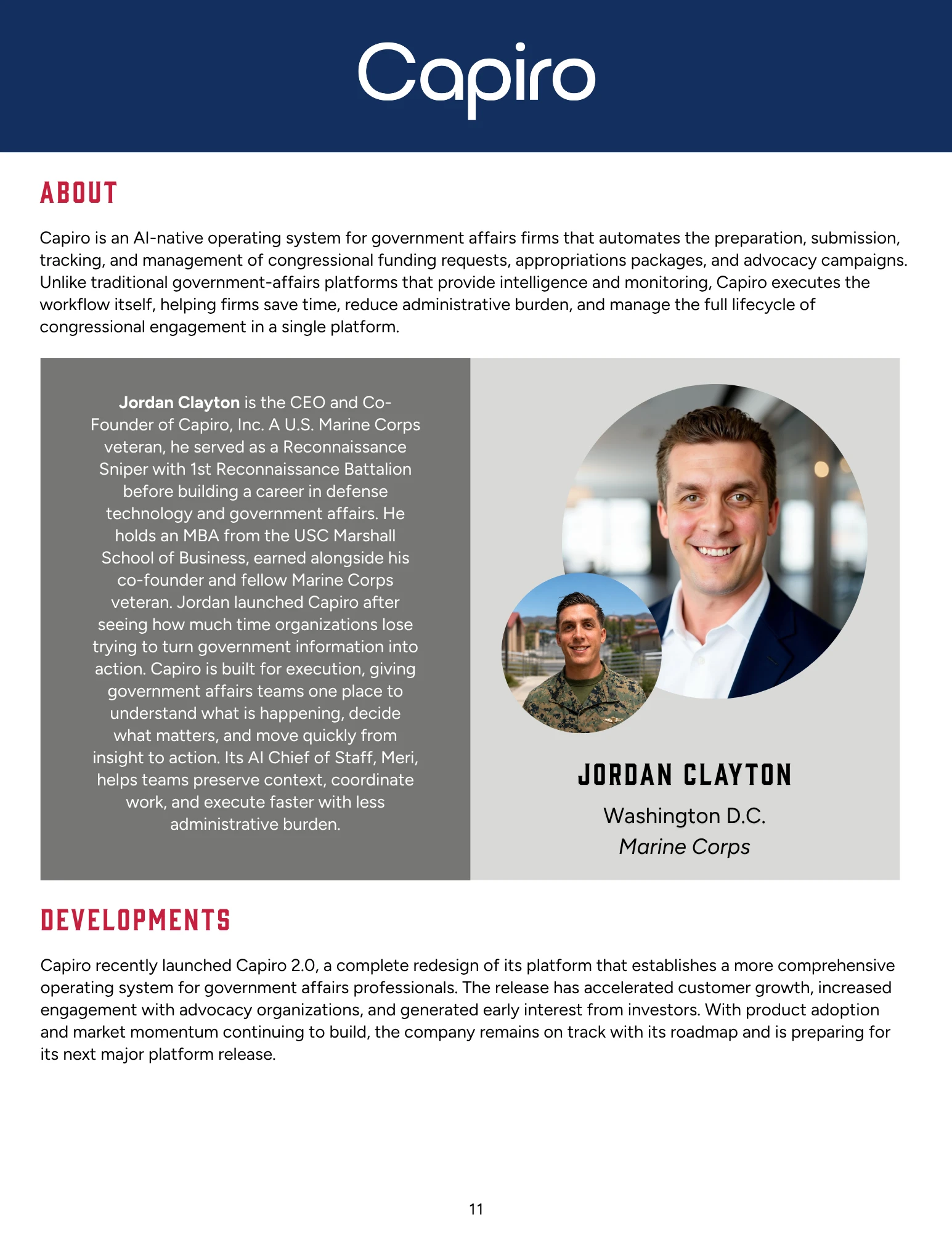 Capiro's profile in the PenFed Foundation Veteran Entrepreneur Program, with Jordan Clayton's bio
